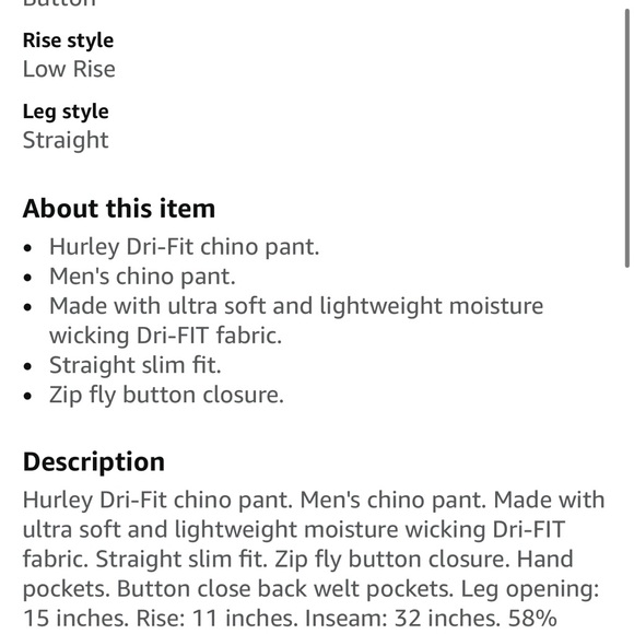 BNWT Hurley Nike Dri Fit Chinos Olive Green size 34 $70 - Picture 3 of 9